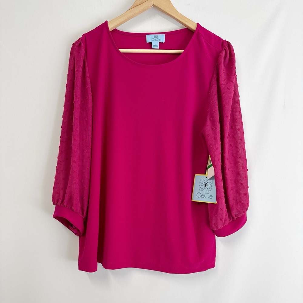 CeCe 3/4 clip dot sleeve crew neck knit blouse Plumeria size L